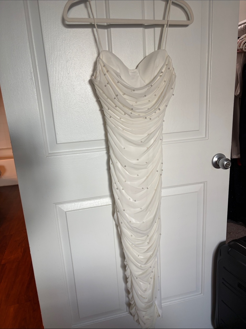 Strapless Ivory Pearl-Embellished Draped Dress